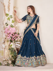 Blue & Gold Sequinned Embroidered Lehenga – V-Neck – Dupatta