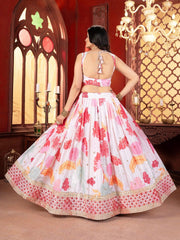 White & Pink Sequinned Embroidered Lehenga – Square Neck – Dupatta Included