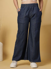 Navy Blue Denim Palazzos – Wide Leg – Cotton Slip-On