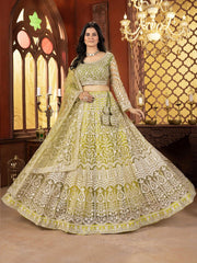 Lime Green Floral Embroidered Net Lehenga – Sequinned – Unstitched with Dupatta