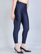 Navy Blue Slim-Fit Shimmer Nylon Leggings – High Waist – Solid
