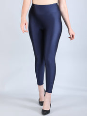 Navy Blue Slim-Fit Shimmer Nylon Leggings – High Waist – Solid