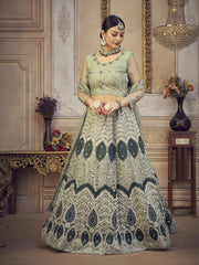 Lime Green Embroidered Lehenga – Beads & Stones – Semi-Stitched with Dupatta