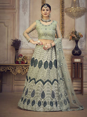 Lime Green Embroidered Lehenga – Beads & Stones – Semi-Stitched with Dupatta