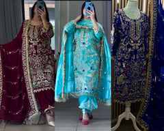 Sky Blue Embroidered Natural Crepe Top Dhoti Salwar Set – Full Sleeves – Sequins Work