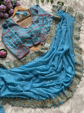 Mirror Work Faux Georgette Saree – Heavy Lace Border – Sequin and Mirror Embroidery