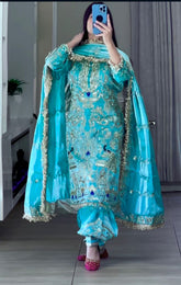 Sky Blue Embroidered Natural Crepe Top Dhoti Salwar Set – Full Sleeves – Sequins Work