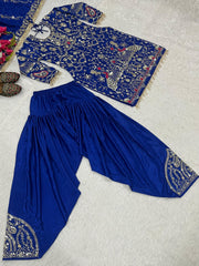 Royal Blue Embroidered Natural Crepe Top and Dhoti Salwar Set – Full Sleeves – Sequin Work