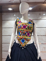 Purple Flared Rayon Cotton Lehenga Choli Set – Round Neck – Gamathi and Mirror Work