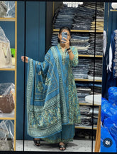 Printed Cotton A-Line Kurti Set – V-Neck – Sequin Handwork