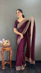 Vichitra Silk Saree – Cut Work Border – Zari and DMC Swarovski Work