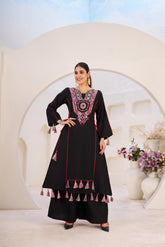 Black Cord Set Rayon Kurti and Palazzos – Side Dori Tassels – Thread and Mirror Work