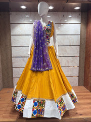 Yellow Flared Rayon Cotton Lehenga Choli – Round Neck – Gamathi and Mirror Work