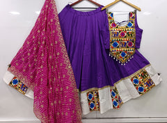 Purple Flared Rayon Cotton Lehenga Choli Set – Round Neck – Gamathi and Mirror Work