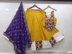 Yellow Flared Rayon Cotton Lehenga Choli – Round Neck – Gamathi and Mirror Work
