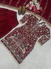 Maroon Designer Natural Crepe Top Dhoti Salwar Set – Round Neck – Sequin Embroidered
