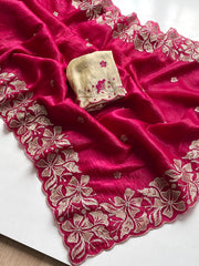 Rani Pink Crush Silk Saree – Cutwork Border – Floral Embroidery