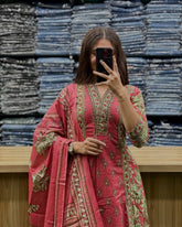 Printed Cotton A-Line Kurti Set – V-Neck – Sequin Handwork