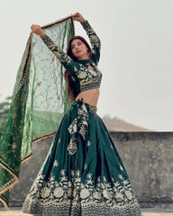 Chinon Silk Flared Lehenga Choli – Sequins & Zari Embroidery – Canvas Patta Border