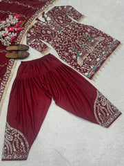 Maroon Designer Natural Crepe Top Dhoti Salwar Set – Round Neck – Sequin Embroidered