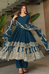 Georgette Embroidered Sharara Suit Set – Front Zipper – Sequin & Lace Work