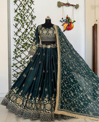 Chinon Silk Flared Lehenga Choli – Sequins & Zari Embroidery – Canvas Patta Border