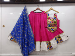 Pink Flared Reyon Cotton Lehenga Choli Set – Round Neck – Gamathi and Mirror Work