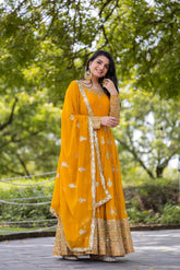 Yellow Flared Faux Georgette Gown – Round Neck – Heavy Sequin Embroidery