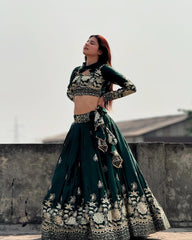 Chinon Silk Flared Lehenga Choli – Sequins & Zari Embroidery – Canvas Patta Border