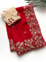 Red Crush Silk Saree – Embroidered Flower Pattern – Cutwork Border