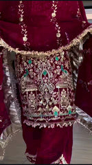 Maroon Designer Natural Crepe Top Dhoti Salwar Set – Round Neck – Sequin Embroidered