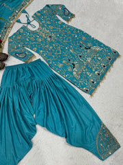 Sky Blue Embroidered Natural Crepe Top Dhoti Salwar Set – Full Sleeves – Sequins Work