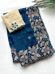 Morpeech Crush Silk Saree – Cutwork Border – Floral Embroidery