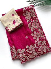Rani Pink Crush Silk Saree – Cutwork Border – Floral Embroidery