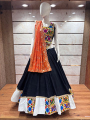 Black Flared Reyon Cotton Lehenga Choli Set – Round Neck – Gamthi and Mirror Work