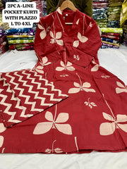 Jaipuri Cotton A-Line Kurti with Plazzo – V-Neck – Pocket