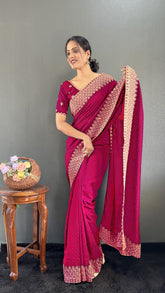 Vichitra Silk Saree – Cut Work Border – Zari and DMC Swarovski Work