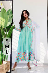 Multi Color Aliya Cut Chinon Dress Set – Round Neck – Hand Embellished