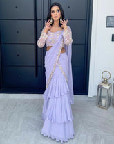 Pastel Purple Ready to Wear Faux Georgette Lehenga Saree – Side Zip – Thread and Sequin Work