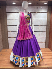 Purple Flared Rayon Cotton Lehenga Choli Set – Round Neck – Gamathi and Mirror Work