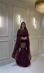 Wine Embroidered Georgette Top-Sharara Set – Full Sleeves – Sequin Work
