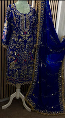 Royal Blue Embroidered Natural Crepe Top and Dhoti Salwar Set – Full Sleeves – Sequin Work
