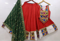 Red Flared Rayon Cotton Lehenga Choli Set – Round Neck – Gamthi & Mirror Work