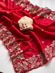Red Crush Silk Saree – Embroidered Flower Pattern – Cutwork Border