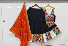 Black Flared Reyon Cotton Lehenga Choli Set – Round Neck – Gamthi and Mirror Work