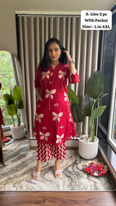 Jaipuri Cotton A-Line Kurti with Plazzo – V-Neck – Pocket