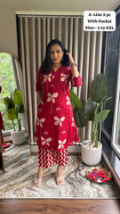 Jaipuri Cotton A-Line Kurti with Plazzo – V-Neck – Pocket