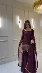 Wine Embroidered Georgette Top-Sharara Set – Full Sleeves – Sequin Work
