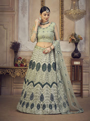 Lime Green Embroidered Lehenga – Beads & Stones – Semi-Stitched with Dupatta