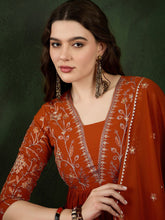 Orange Floral Embroidered Georgette Kurta Set – V-Neck – Sequinned